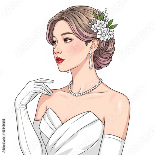 Vector art of elegant bride in white dress with pearl necklace isolated on white background
