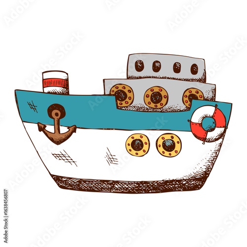 Retro sketch style illustration of a charming little steamboat
