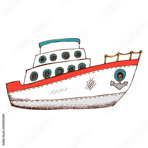 Colorful doodle sketch of a vintage steamboat on a summer cruise
