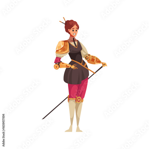 Steampunk female character with golden cybernetic prosthetic limbs