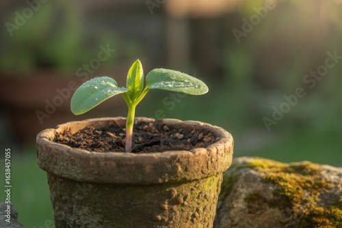 Young plant sprout growing in a terracotta pot with water droplets