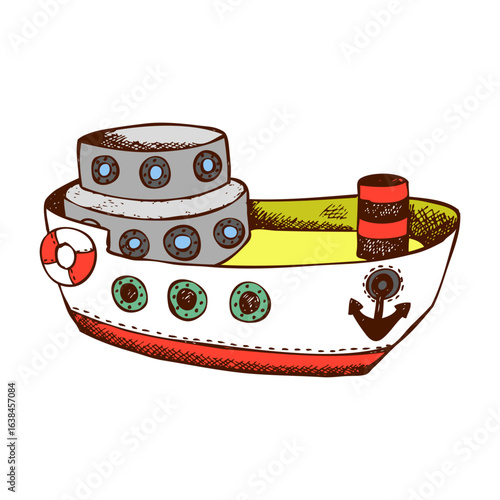 Colorful hand-drawn doodle of a retro toy steamboat with an anchor