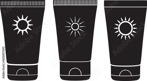 Three black tubes of sunscreen with sun symbols silhouette