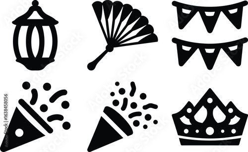 Celebration icons set including party poppers crown lantern fan and bunting for festive occasions vector illustration