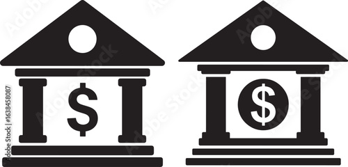 Two bank buildings with dollar signs silhouette