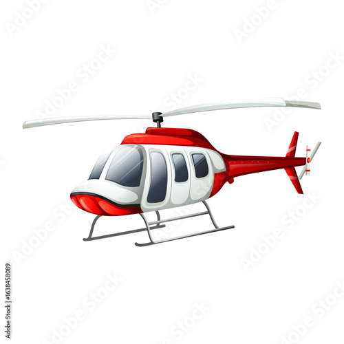 Vibrant red and white civilian helicopter illustrated on a white background