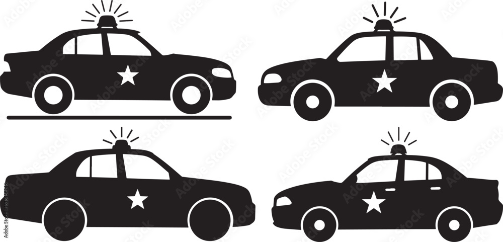 Fototapeta premium Four police car silhouettes with flashing lights and stars