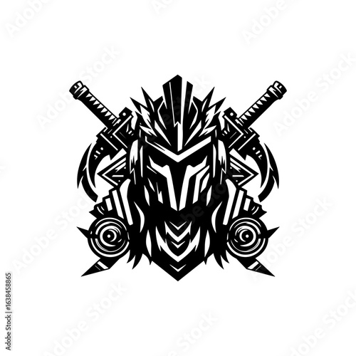 Tribal silhouette of a fierce warrior helmet with gaming accents