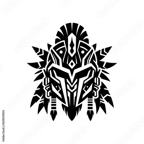 Tribal silhouette of a fierce warrior helmet with gaming accents