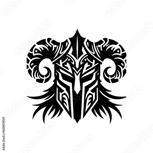 Tribal silhouette of a fierce warrior helmet with gaming accents