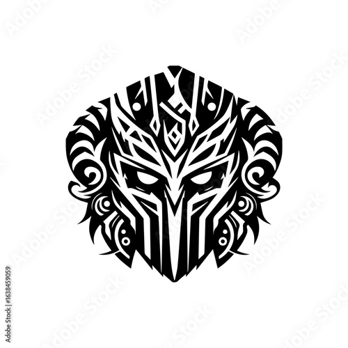 Tribal silhouette of a fierce warrior helmet with gaming accents