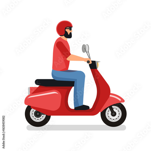 Man in a red helmet riding a classic motor scooter for urban commuting.