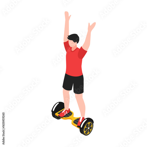Man Celebrating on Self-Balancing Scooter Isolated on White 