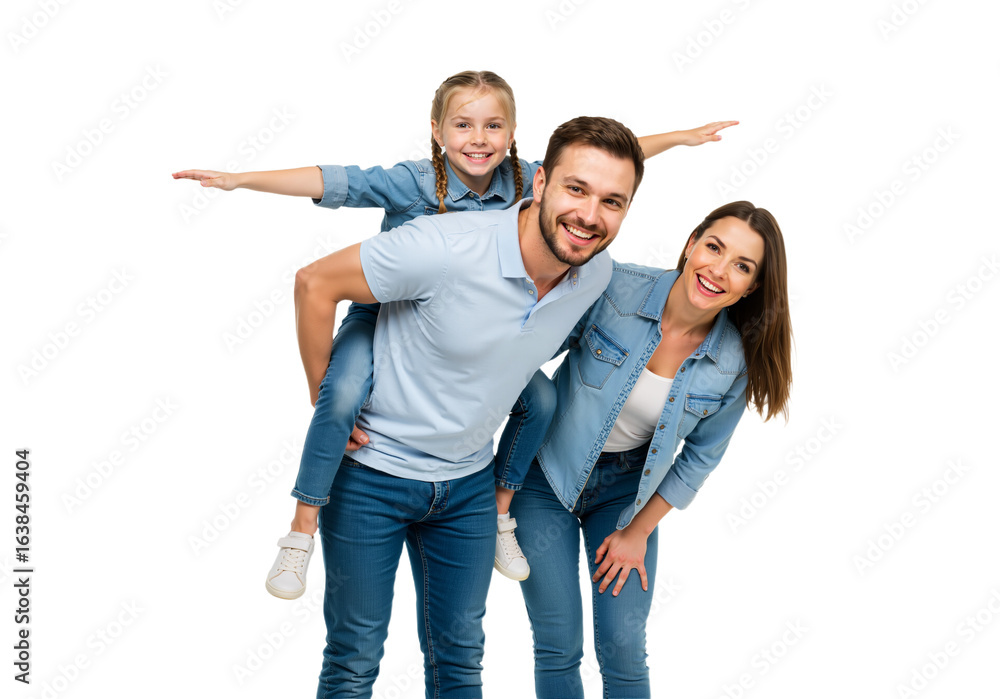 Fototapeta premium Happy young family in denim clothes posing together, with the joyful daughter getting a piggyback ride from her smiling father.