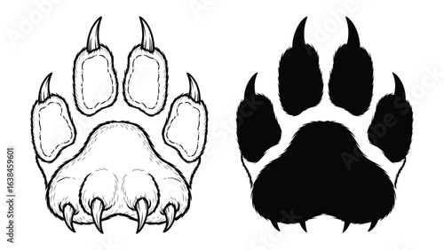 Paw Print Illustration: A detailed illustration presents the essence of animal footprints in two striking formats, showcasing both outline and solid black impressions. 