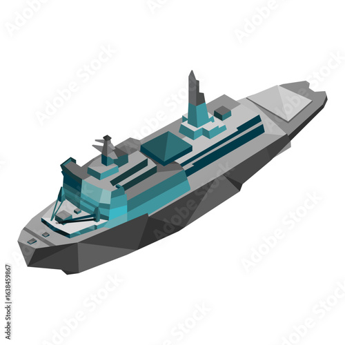 Isometric low-poly illustration of a futuristic naval warship concept