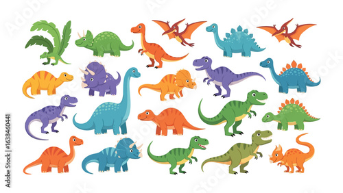 Prehistoric Panorama: A vibrant illustration showcasing a diverse collection of dinosaurs from various eras, capturing their unique forms and colors in a dynamic prehistoric landscape.