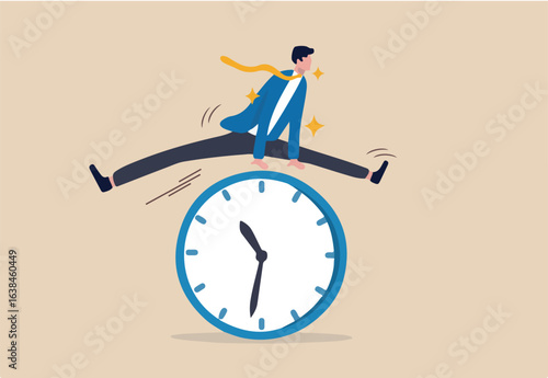 Smart time management, success in work strategy on business deadline or working time efficiency concept, smart happy and confidence businessman employee worker jump over time passing clock.