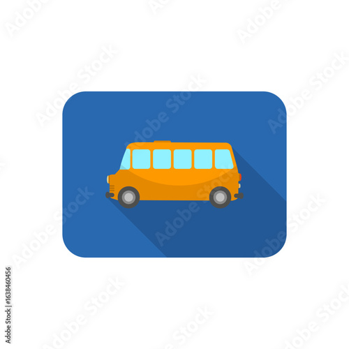 Yellow passenger bus icon with a long shadow in a flat design style