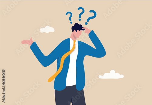 Memory loss, forget things to do or dementia cannot remember anything, confusing brain problem or cognitive illness concept, confused businessman in trouble losing memory thinking what he forget.
