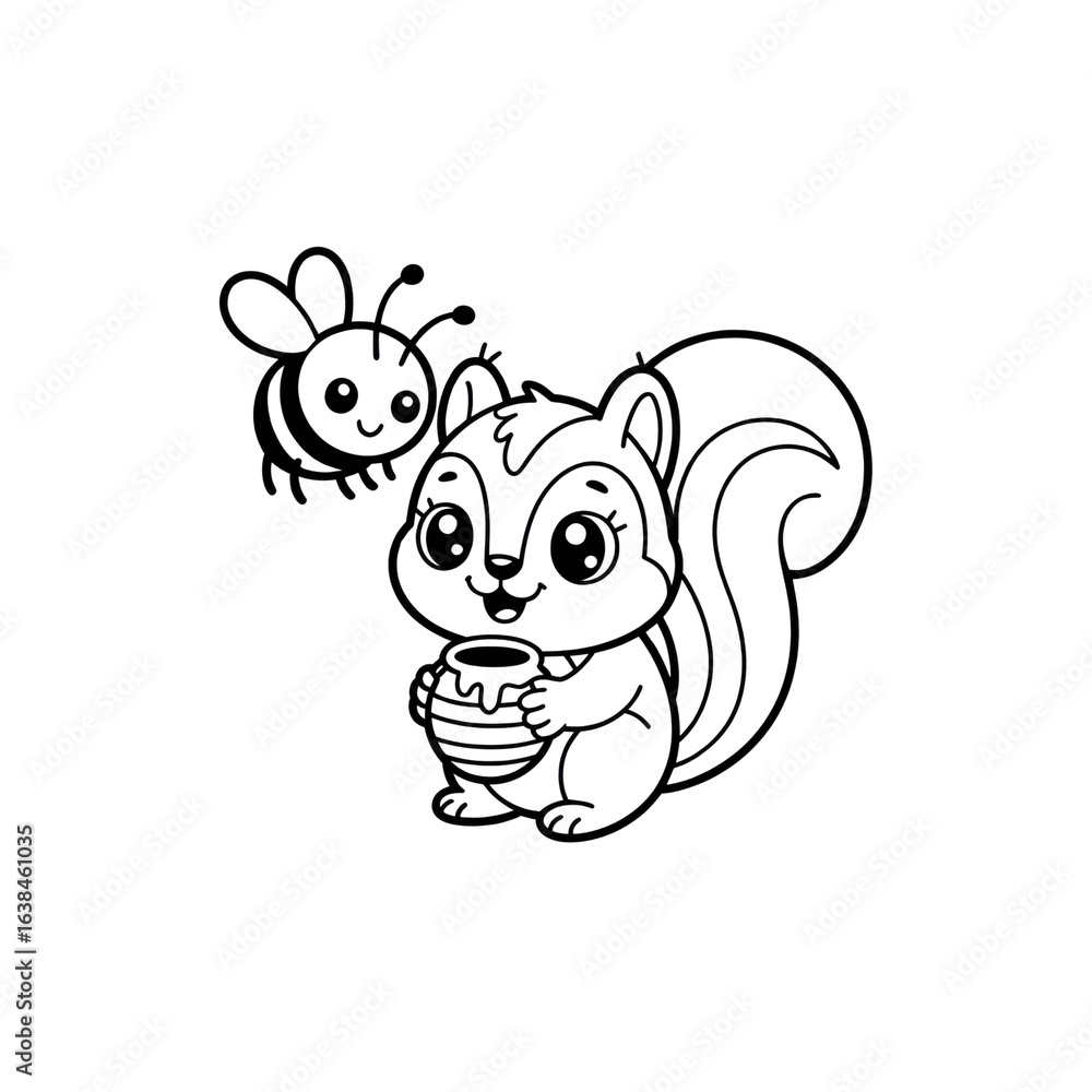 Fototapeta premium Adorable Cartoon Squirrel with Bee Friend Holding Honeycomb