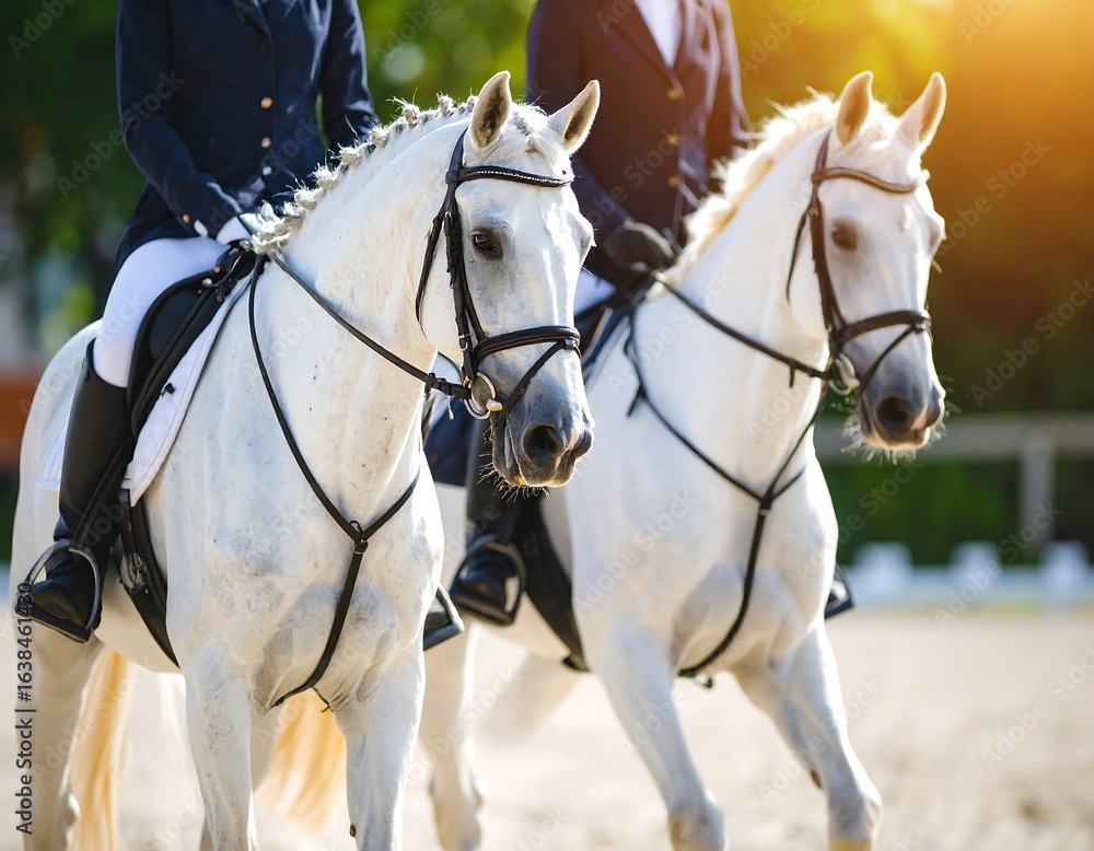 Fototapeta premium Two white horses in equestrian competition