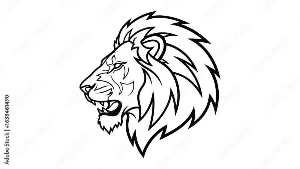 Fototapeta premium Majestic Lion Profile: A stylized line drawing presents the formidable profile of a male lion, its mane a symbol of strength. This striking illustration captures the essence of the king of the jungle.