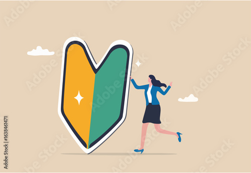 Beginner, newbie or new hire employee, start new career or job, newcomer or new graduate concept, cheerful cute young businesswoman female pose with big beginner mark.