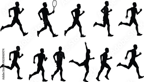 PrintAthlete silhouettes, running, walking, tennis poses, dynamic motion, human movement, sports illustration, fitness design, black figures, animation reference, active lifestyle
