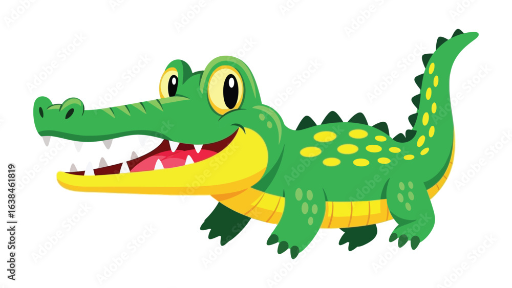 Fototapeta premium Cheerful Crocodile Illustration: A whimsical cartoon illustration of a cheerful, green crocodile with a wide, toothy smile, exuding a sense of playfulness and adventure.