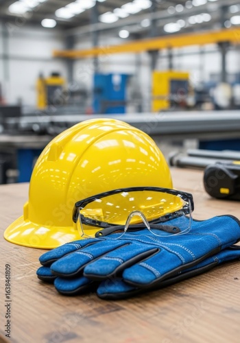 Protective gear on a wooden table in a factory setting. A yellow hardhat, safety glasses, and blue work gloves are neatly arranged, ready for use