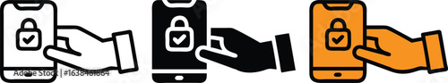 Hand Holding Smartphone Lock Checkmark Mobile Security Approval Icon Set