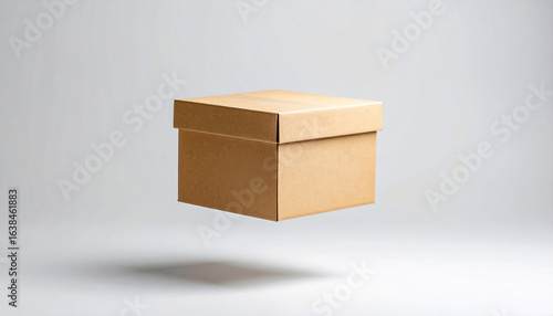 A delivery box hovering on a ligth background, with space for text,  industrial background