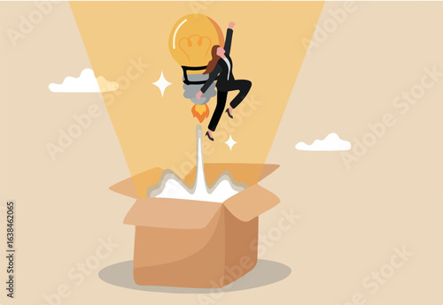Idea, creativity or think outside the box, solution or think difference, wisdom or imagination to success concept, smart businesswoman with lightbulb idea as rocket booster flying from open box.