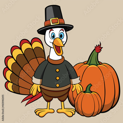 A festive Thanksgiving turkey and a cute cartoon cat in a witch hat celebrate the autumn holiday season with pumpkins, bats, and spiders in this vector illustration
