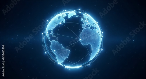 Glowing blue digital earth with interconnected data streams and bright lights representing global connectivity and technology