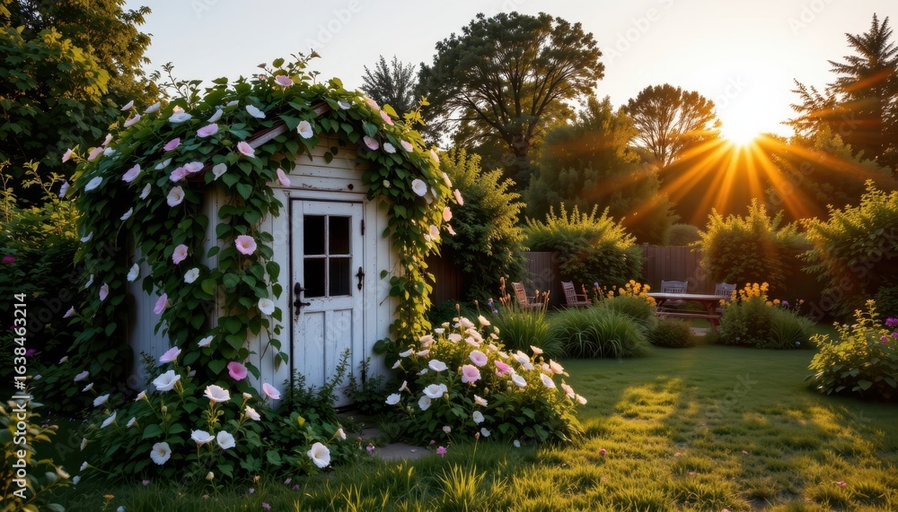 Fototapeta premium A weathered toolshed overtaken by morning glories stands silhouetted on the left of a verdant backyard, copy space offered on the right