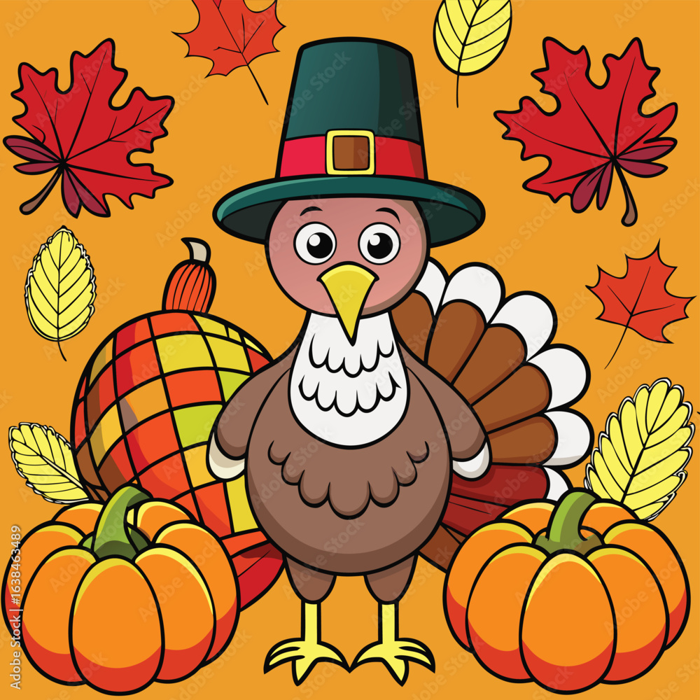Naklejka premium Cartoon thanksgiving turkey with autumn pumpkins and colorful fall leaves background illustration