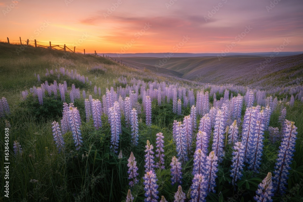 Fototapeta premium Lupine field under a vibrant sunset sky