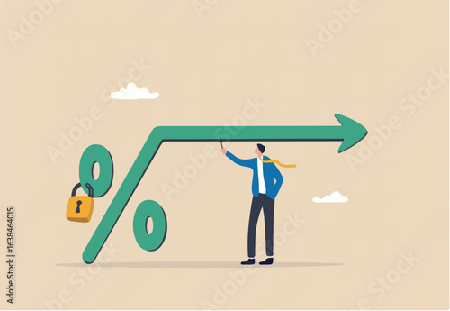 Fixed interest rate, mortgage or loan, fixed cost or constant price, banking or financial return rate concept, businessman real estate owner with fixed percentage sign.
