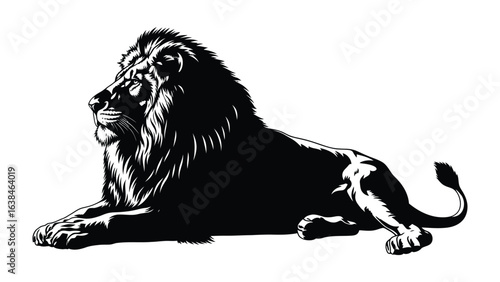 Majestic Lion in Repose: A striking monochrome portrayal of a regal lion at rest, exuding strength and authority. This stylized image of the king of the jungle captivates with its dynamic pose.