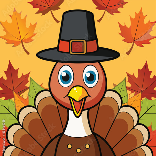 Cute cartoon owl in a pilgrim hat and orange scarf sits on a tree branch, while a funny turkey character walks in the autumn nature