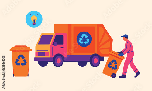 Trash utility, disposal and recycling concept set. Waste collector worker, recycling trash bin and garbage truck collection. Vector illustration