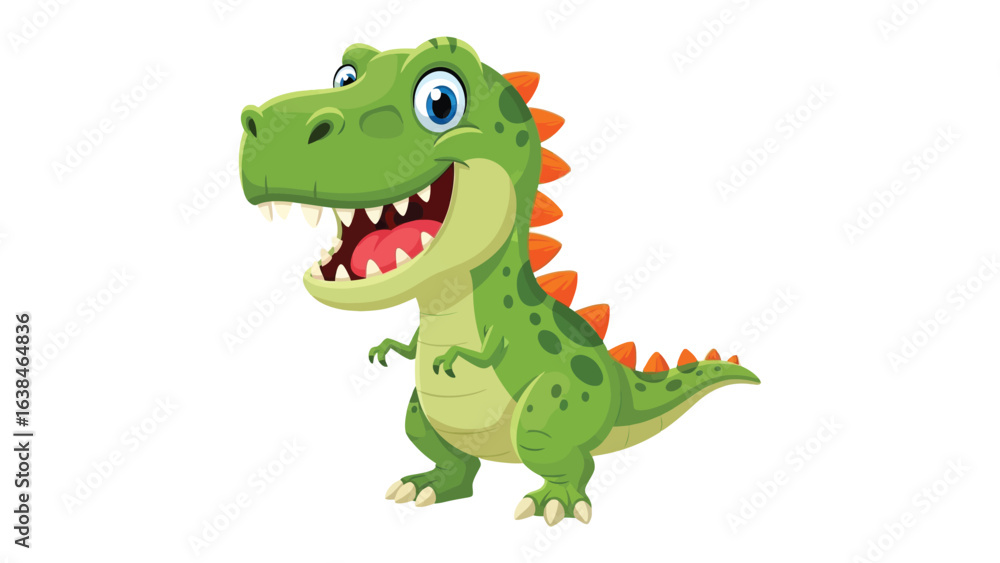Naklejka premium Cheerful Cartoon Dinosaur: A vibrant and friendly cartoon dinosaur stands with a welcoming grin, embodying the joy and wonder of prehistoric creatures in a bright, eye-catching illustration.