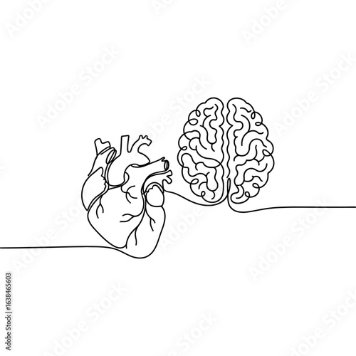 Continuous line drawing of a human heart connected to a brain on a white background illustration art