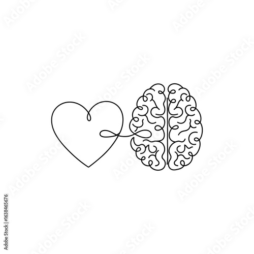 A minimalist line drawing of a brain connected to a heart on a white background illustration