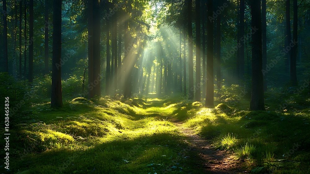 Fototapeta premium Sunbeams illuminate a mossy forest floor with tall trees casting shadows