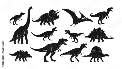 Prehistoric Silhouette Showcase: An eye-catching assembly of diverse dinosaur silhouettes, meticulously arranged to evoke the ancient world, suitable for educational and creative projects.