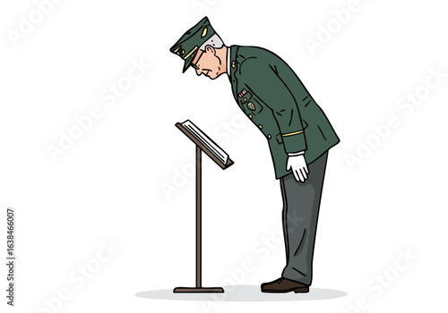 distinguished military veteran performs a gratitude bow holding a folded flag The illustration features a solemn expression and detailed uniform set against a soft green background 