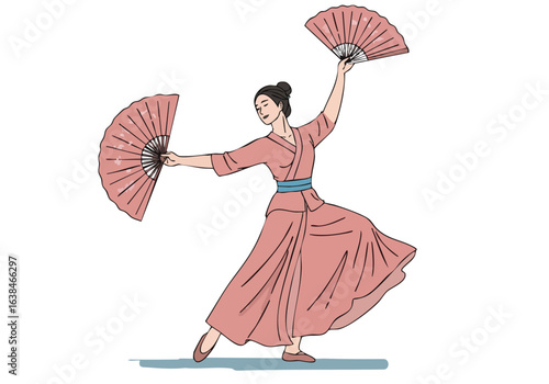 A graceful woman performs a fan dance, exuding elegance in a flowing dress. The soft colors and dynamic pose create a visually appealing and sophisticated image.